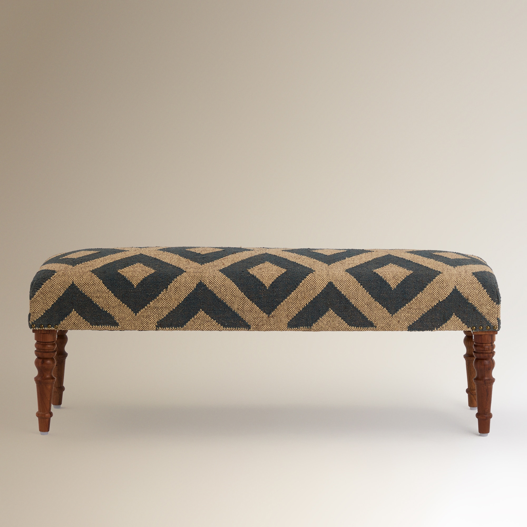 Banco de madera de mango tapizado rombos Delhi - Beige / Azul Beige / Azul-3