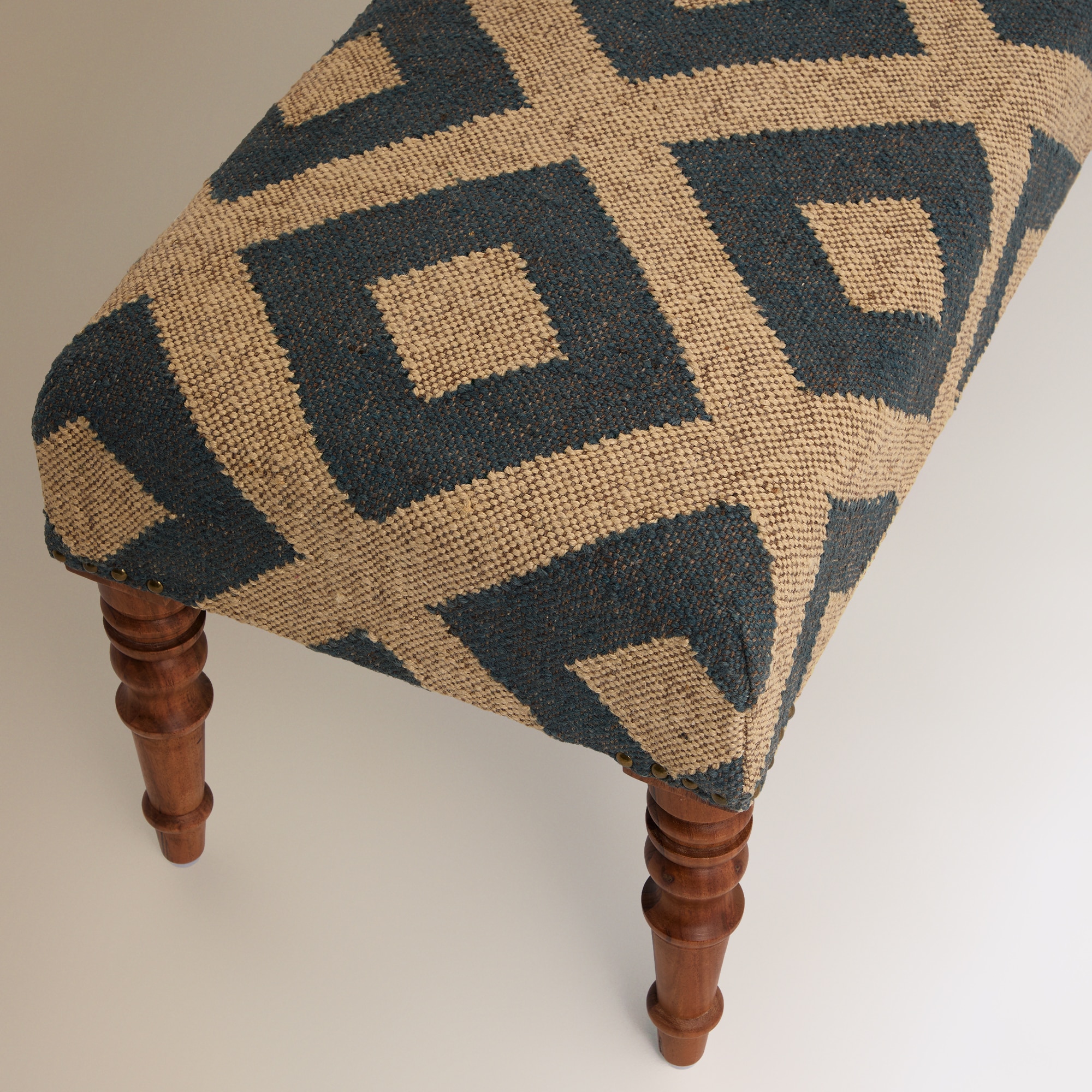 Banco de madera de mango tapizado rombos Delhi - Beige / Azul Beige / Azul-5