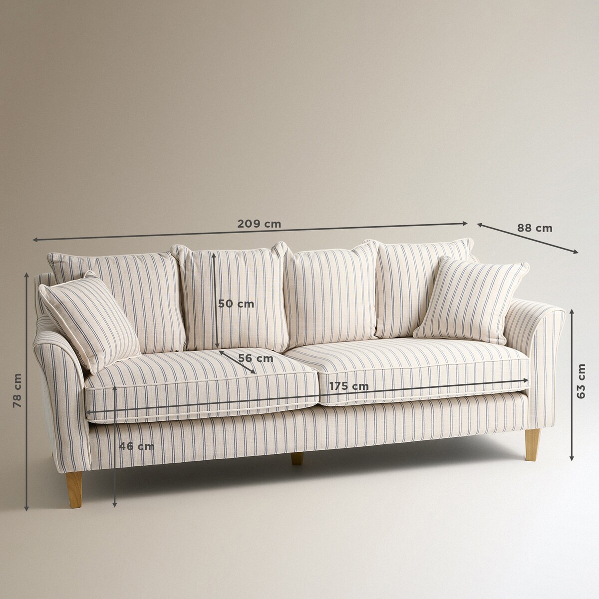 Sofá de 3 lugares azul com risca bege Porto Bege-7