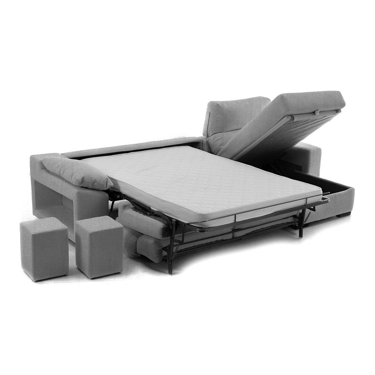 Sofá-cama estofado de 5 lugares com chaise longue direita e baú Frank Cinzento-3