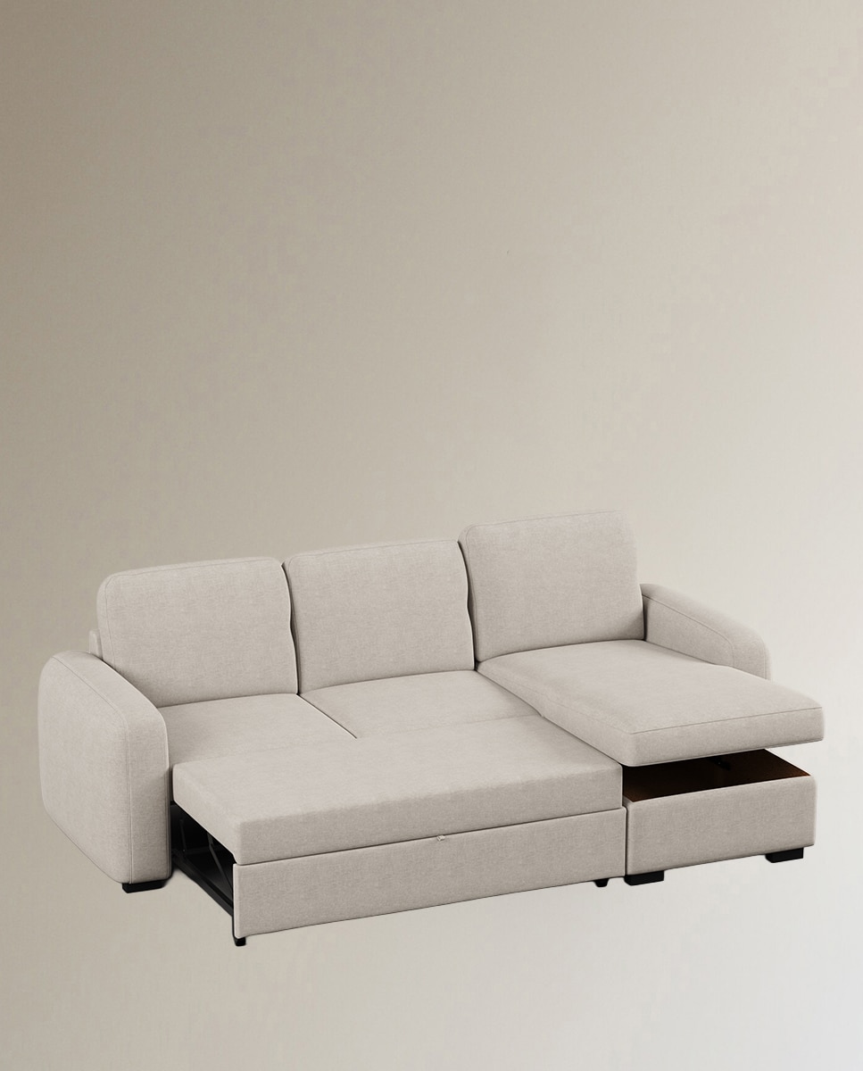 Sofá cama tapizado con chaiselongue Troia - Beige Beige-3