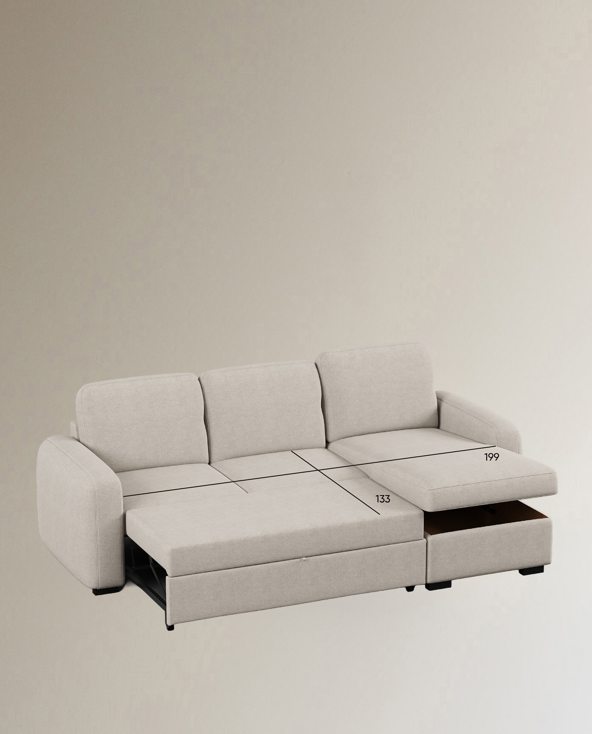 Sofá cama tapizado con chaiselongue Troia - Beige Beige-6