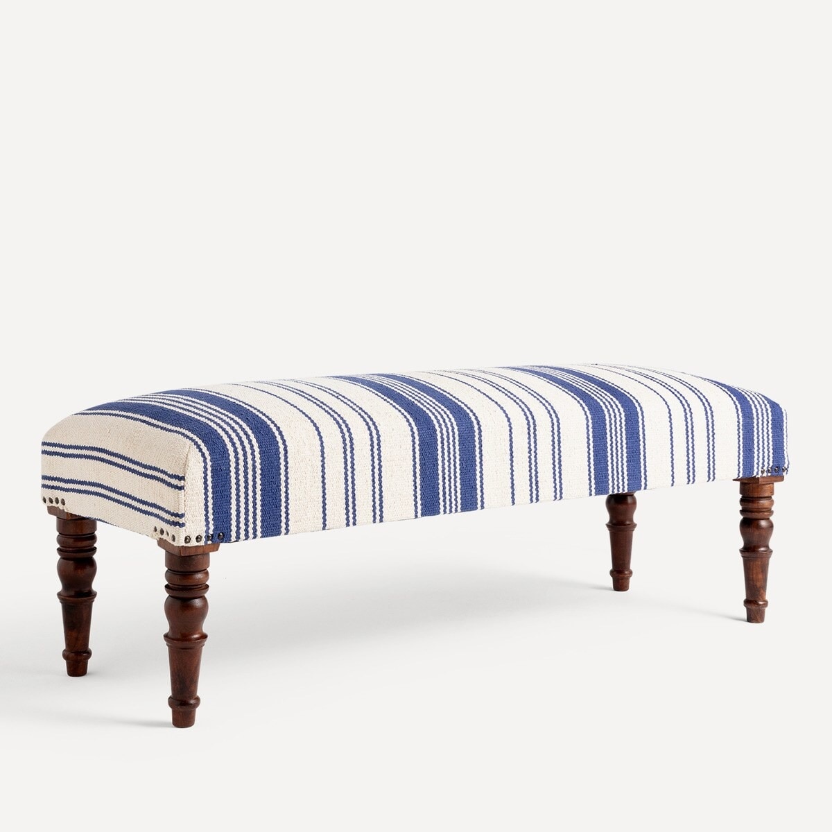 Banco de Madeira de Mangueira Estofado em Algodão às Riscas Delhi Azul / Branco-1