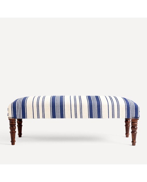 Banco de Madeira de Mangueira Estofado em Algodão às Riscas Delhi Azul / Branco-2