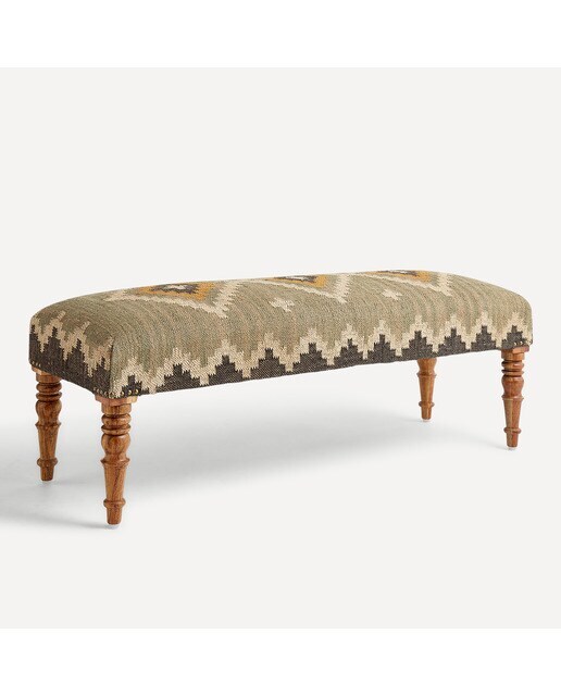 Banco de madera de mango tapizado Kilim verde Delhi El Corte Inglés