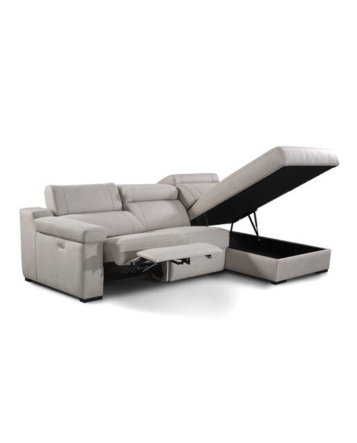 Sofá de 3 Lugares com Chaise Longue Direita com Baú e 1 Assento de Relax Elétrico em Tecido de Microfibra City Brutus - Cinzento-Claro-3
