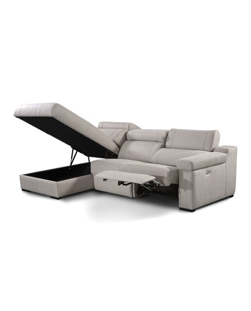 Sofá de 3 Lugares com Chaise Longue Esquerda com Baú e 1 Assento de Relax Elétrico em Tecido de Microfibra City Brutus - Cinzento-Claro-3