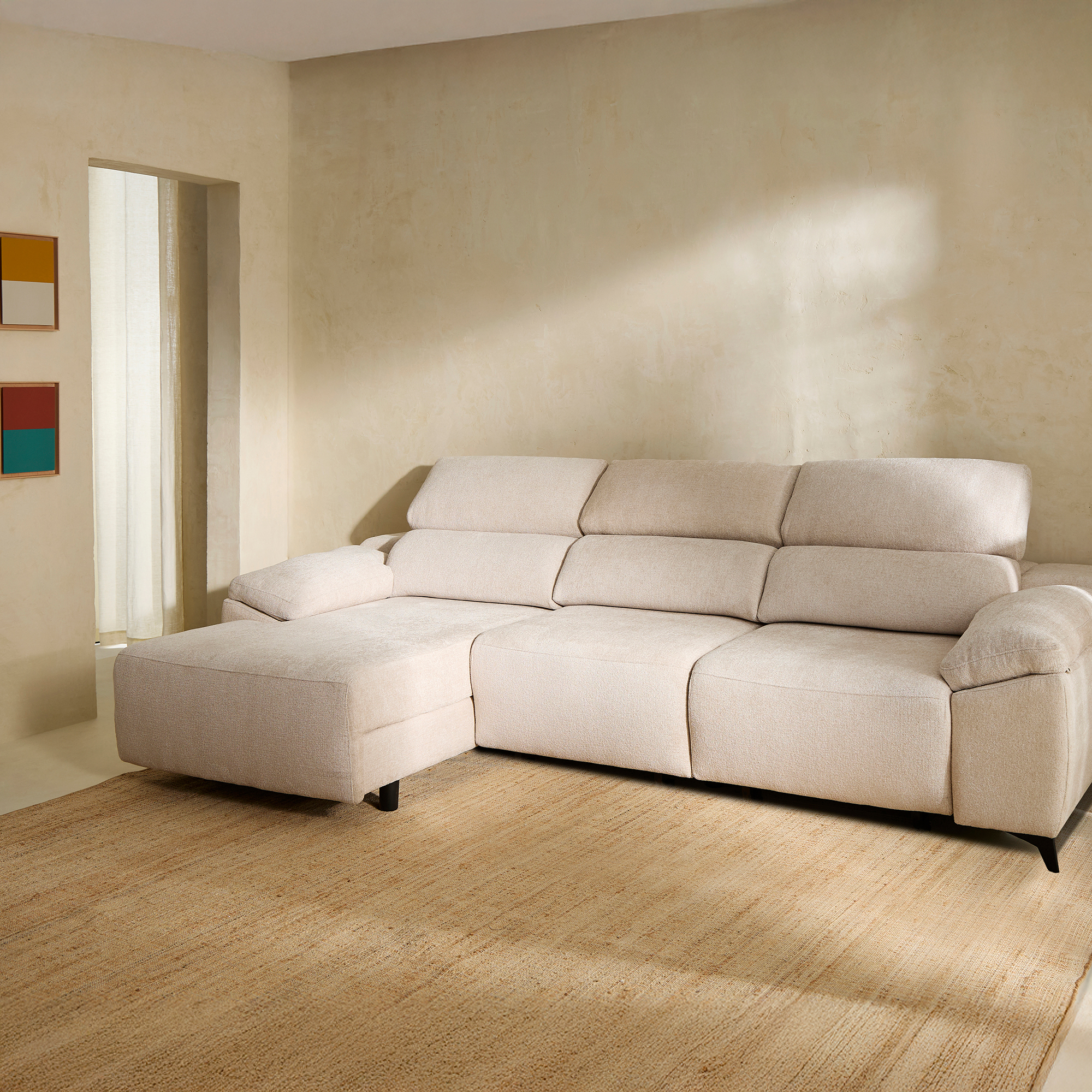 Sofá de 5 plazas con 2 asientos deslizantes y chaiselongue izquierda Fedra El Corte Inglés Crema / Beige-1