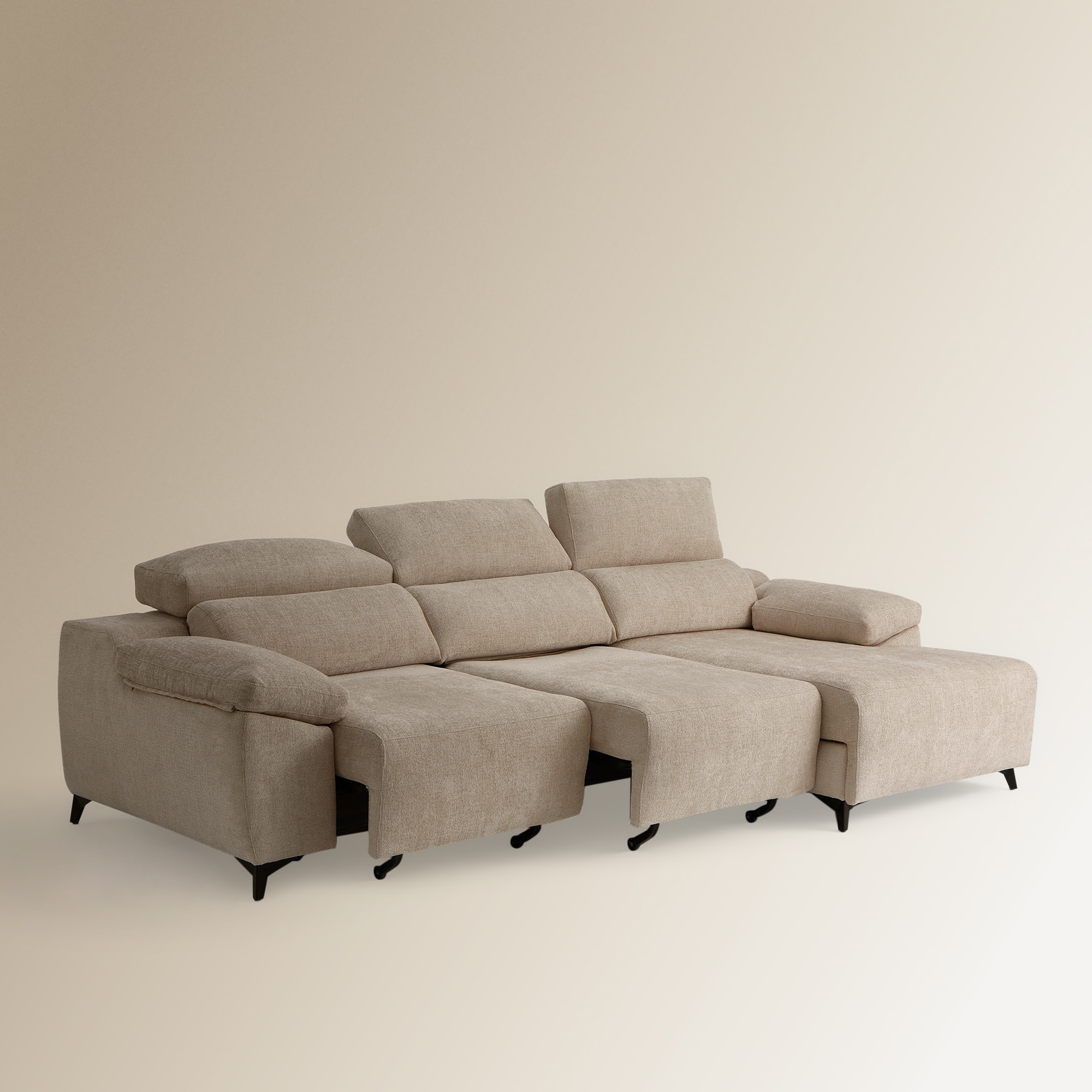 Sofá de 5 Lugares com 2 Assentos Deslizantes e Chaise-longue Direita Fedra Creme / Bege-6