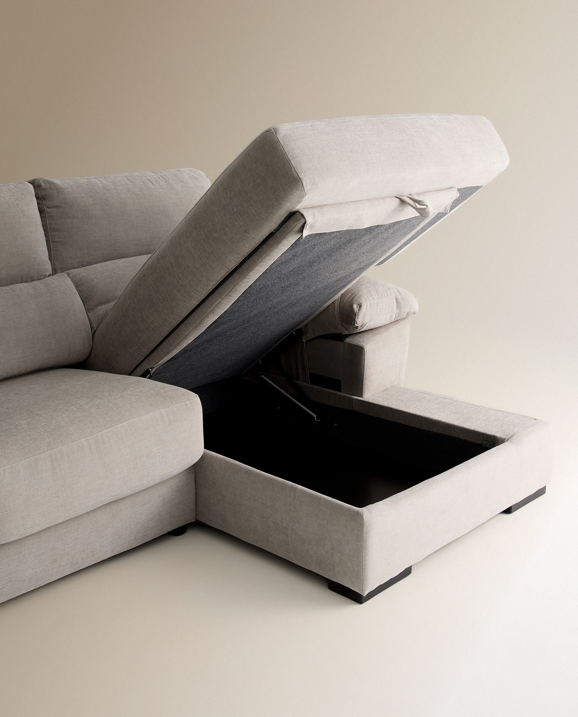 Sofá estofado de 3 lugares com assentos deslizantes e chaise longue direita com arca Cloud Cinzento-claro-9