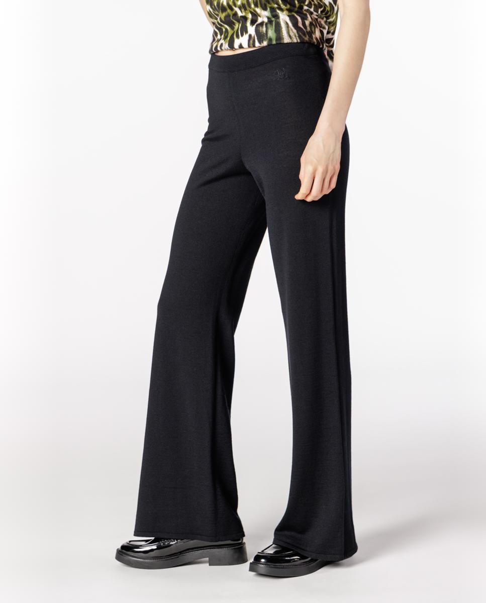 Calças à Boca de Sino Ponto Liso para Mulher Preto-3