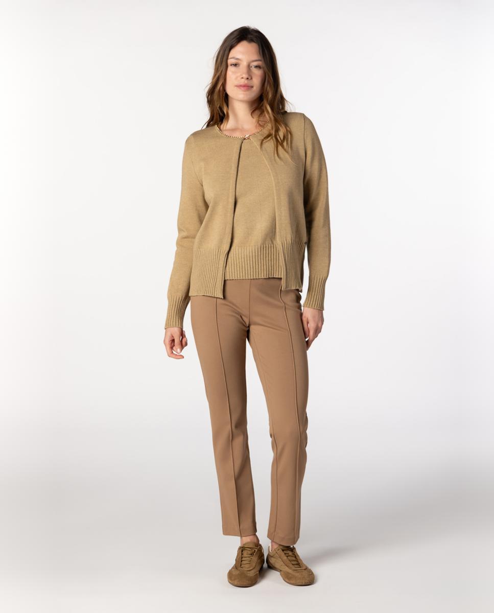 Calças Skinny de Mulher com Nervo Marcado Bege-5