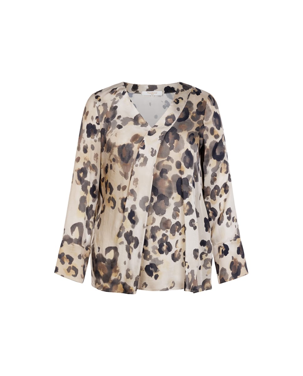 Blusa de Cetim com Animal Print e Prega à Frente Castanho-claro-5
