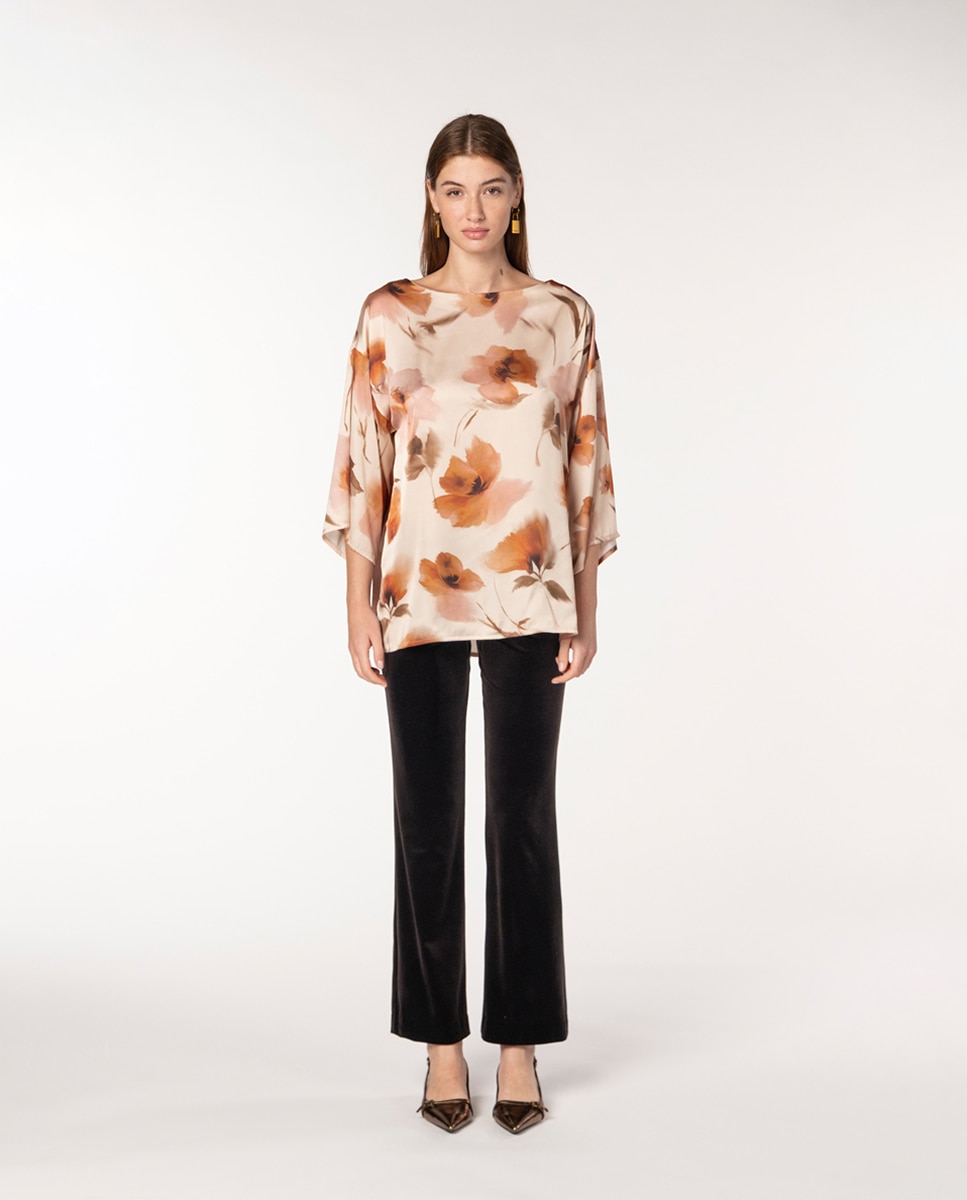 Blusa de Cetim com Estampado Floral e Decote à Barco Rosa-claro-4