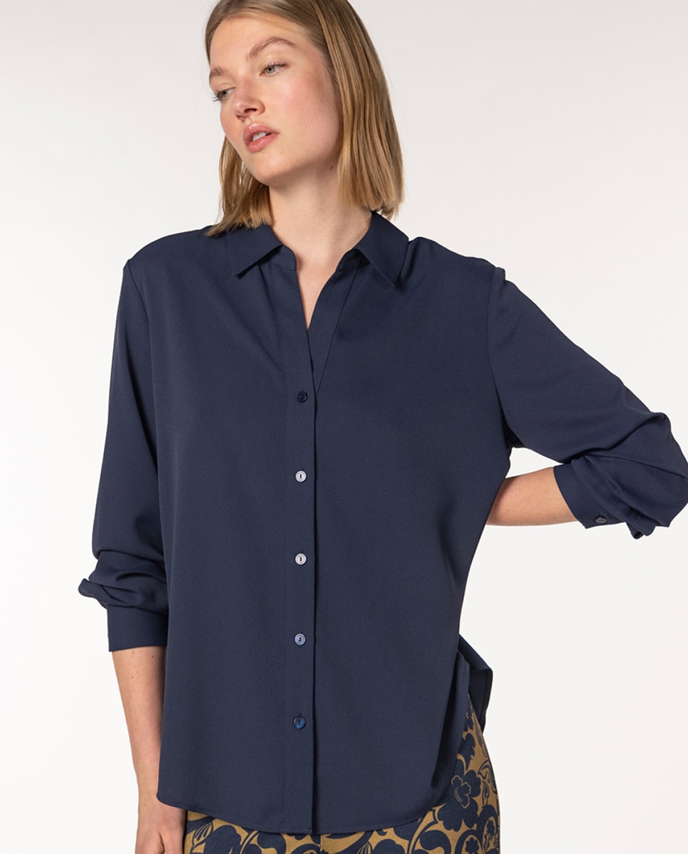 Camisa Clássica de Crepe Marrocain Azul-marinho-1