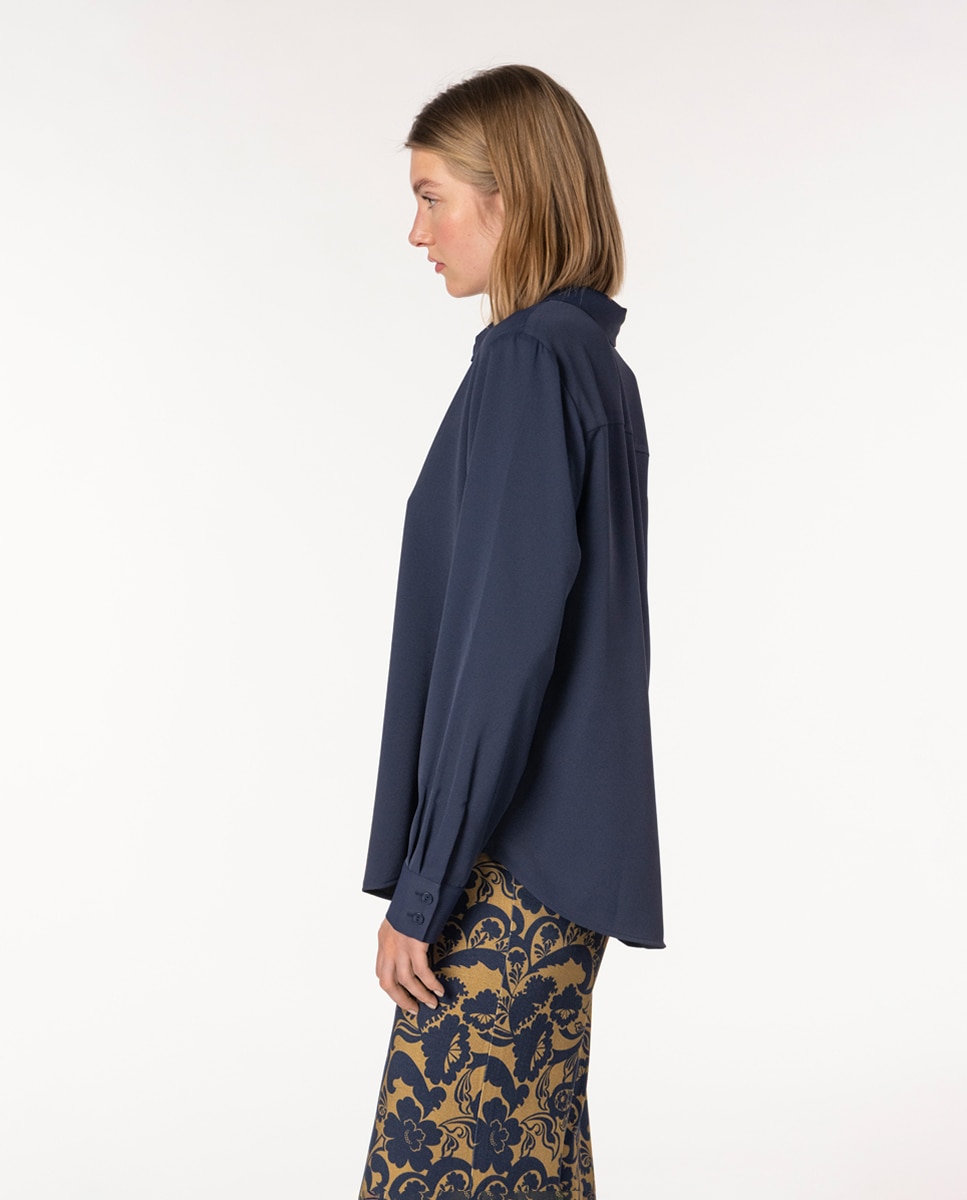 Camisa Clássica de Crepe Marrocain Azul-marinho-3