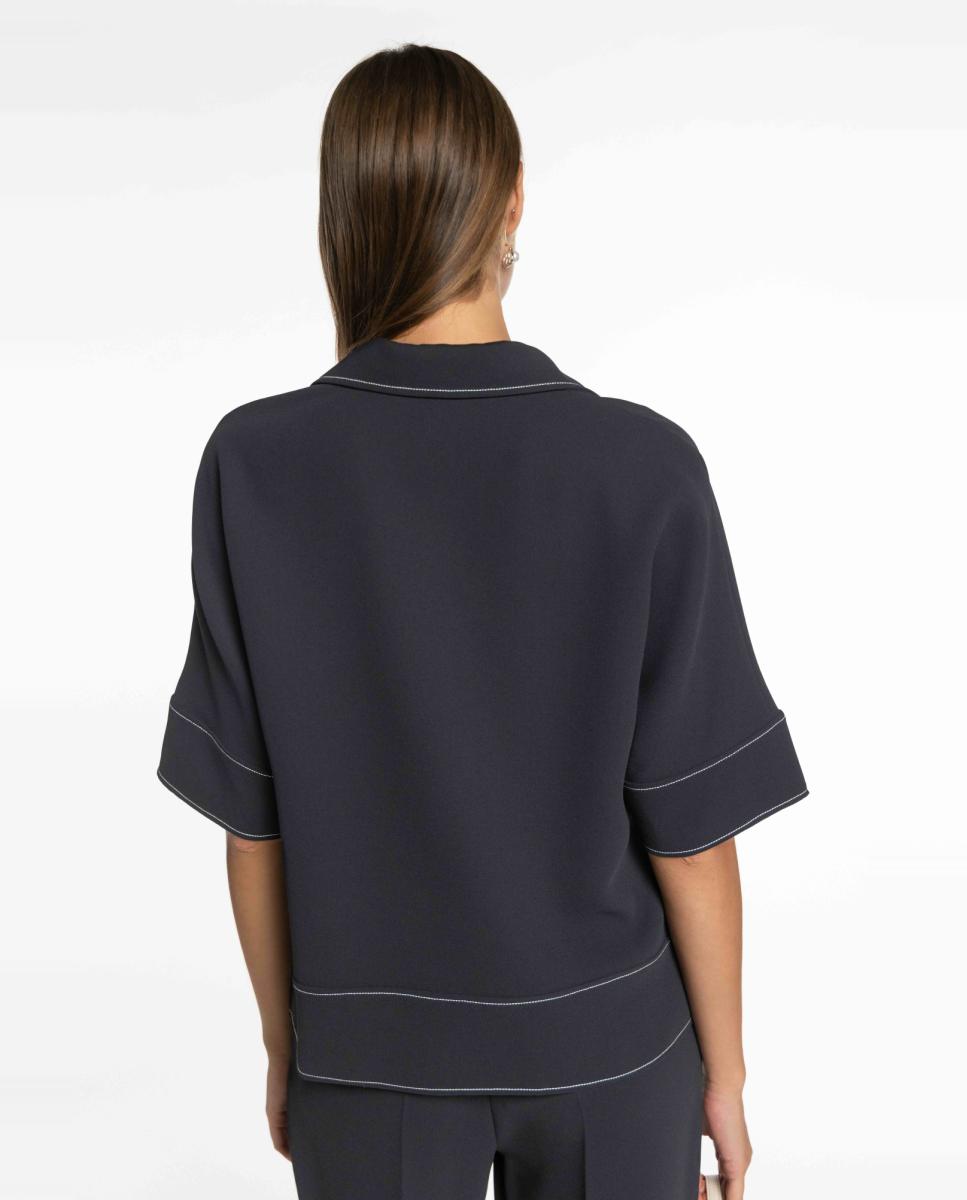 Blusa de Crepe Duplo com Pespontos em Contraste Azul-marinho-2