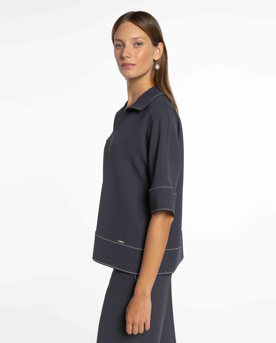 Blusa de Crepe Duplo com Pespontos em Contraste Azul-marinho-3