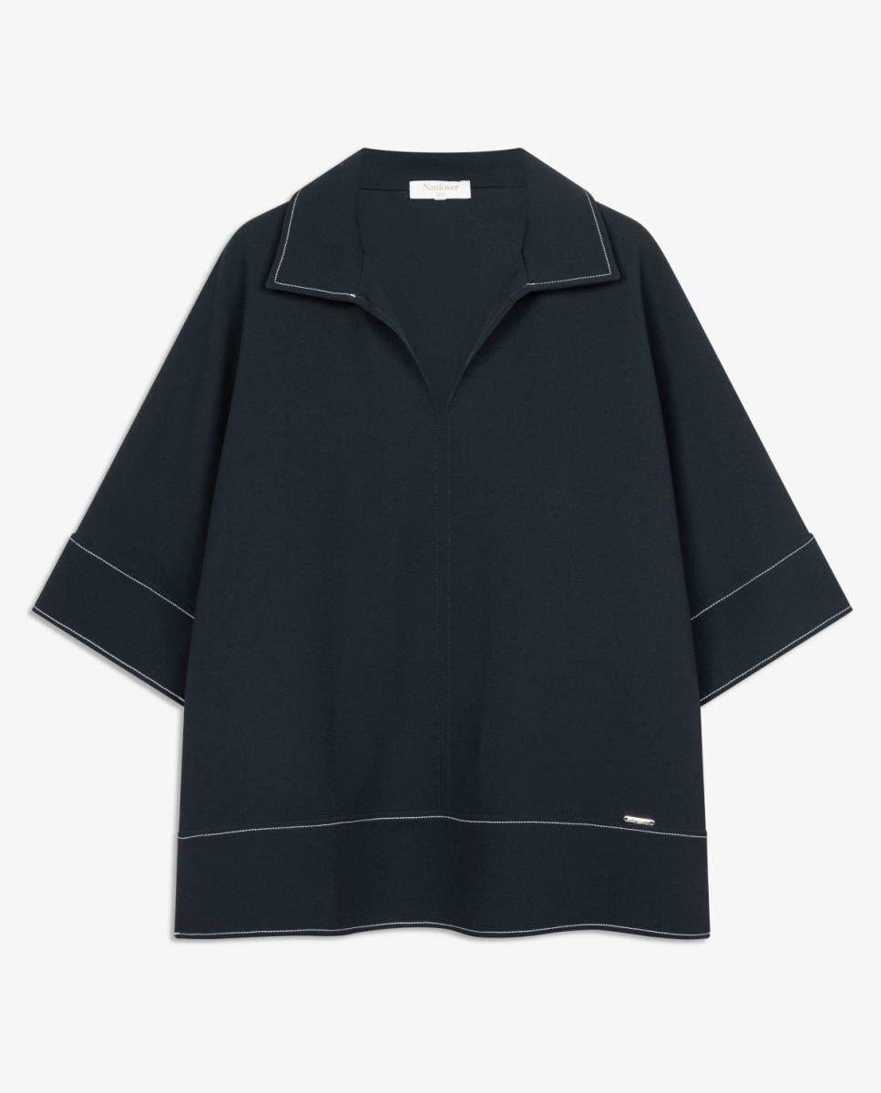 Blusa de Crepe Duplo com Pespontos em Contraste Azul-marinho-6