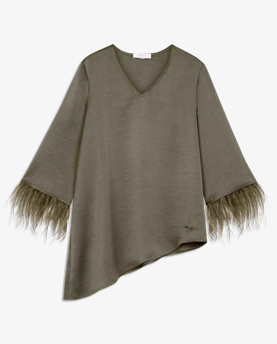 Blusa de Cetim Duplo com Plumas Castanho-5