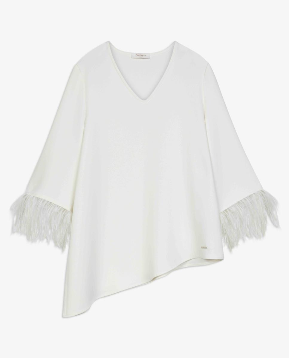 Blusa de Crepe Duplo com Plumas Cru-5