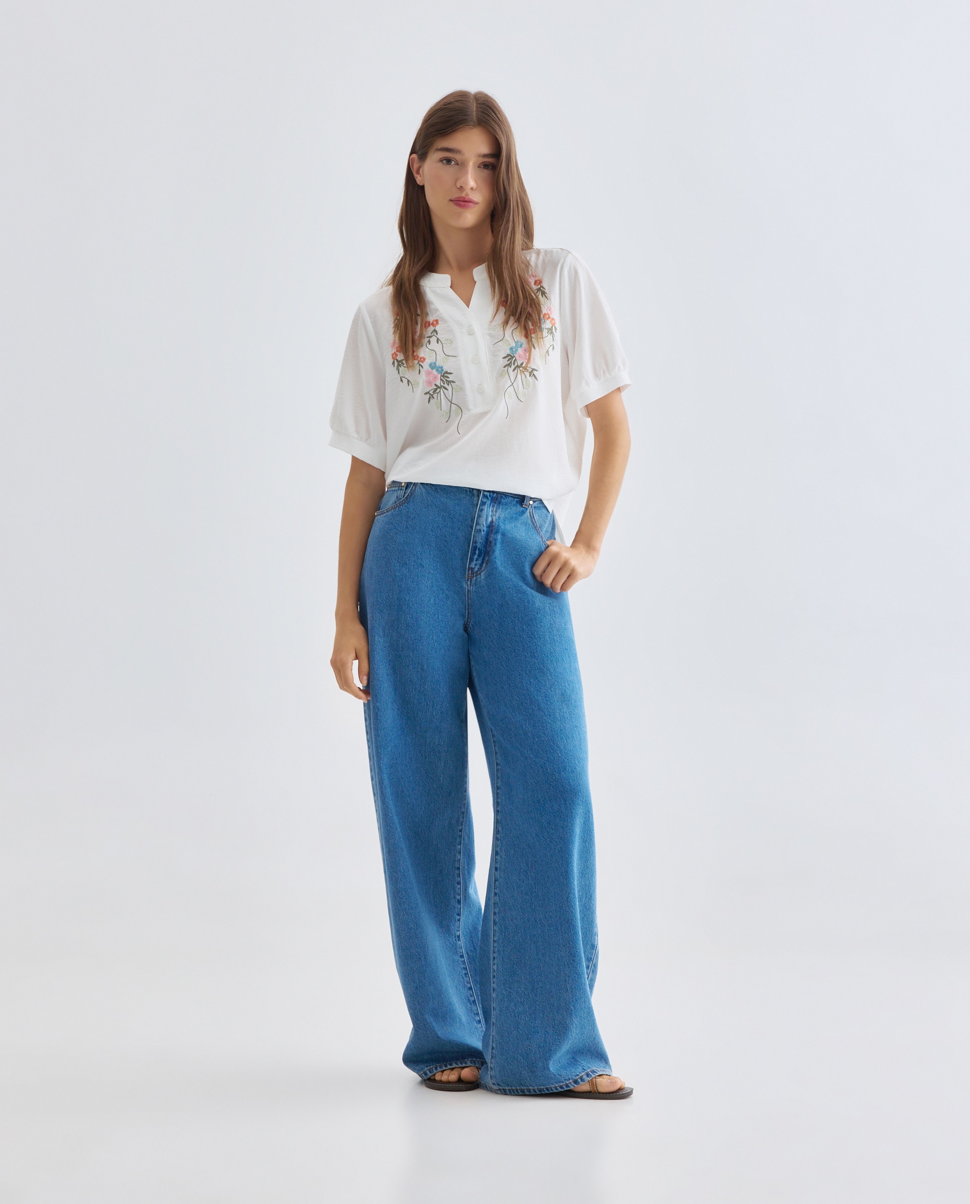 Camisa lisa de mulher com manga curta Natural-2