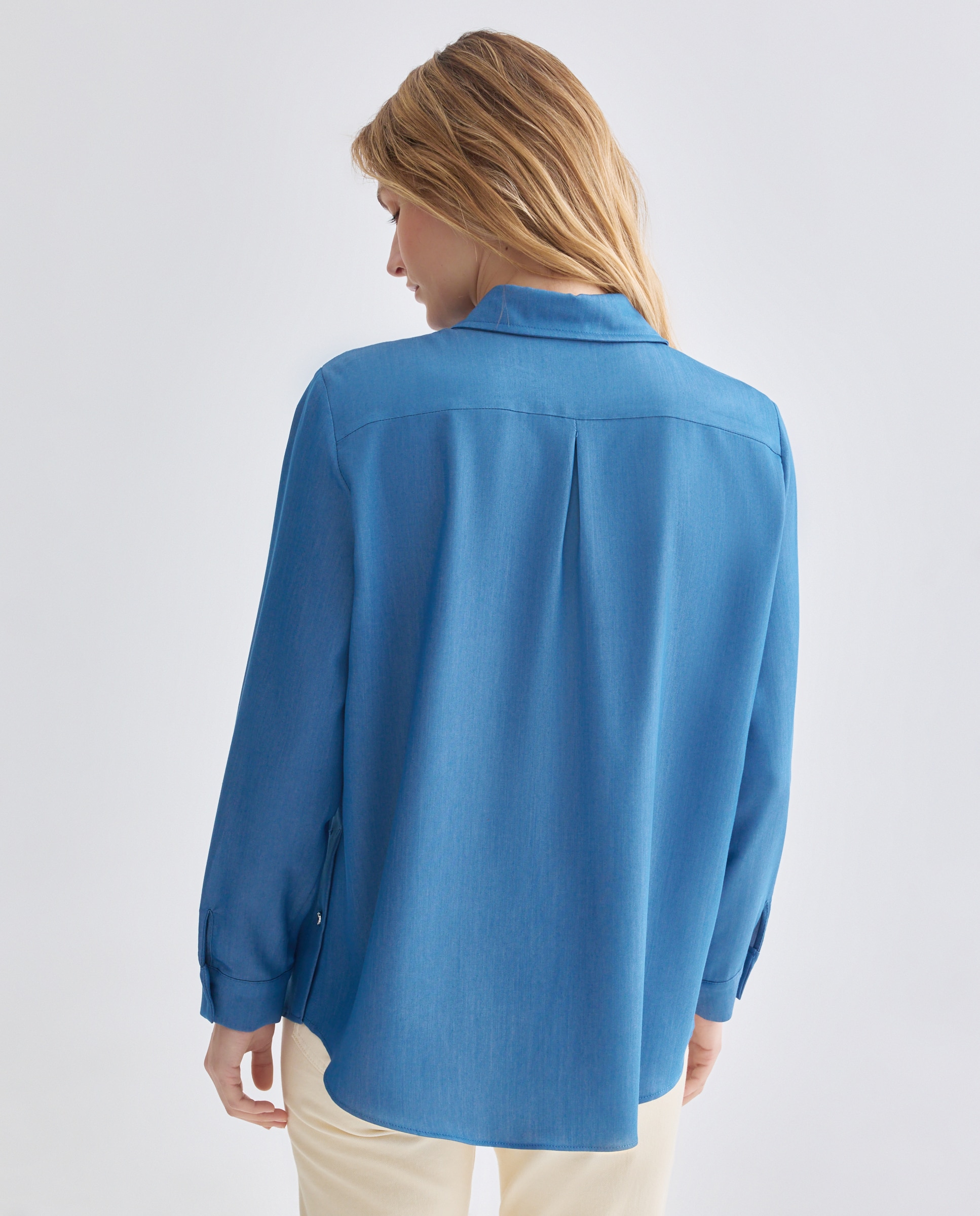 Camisa lisa de mulher com manga curta Azul-3