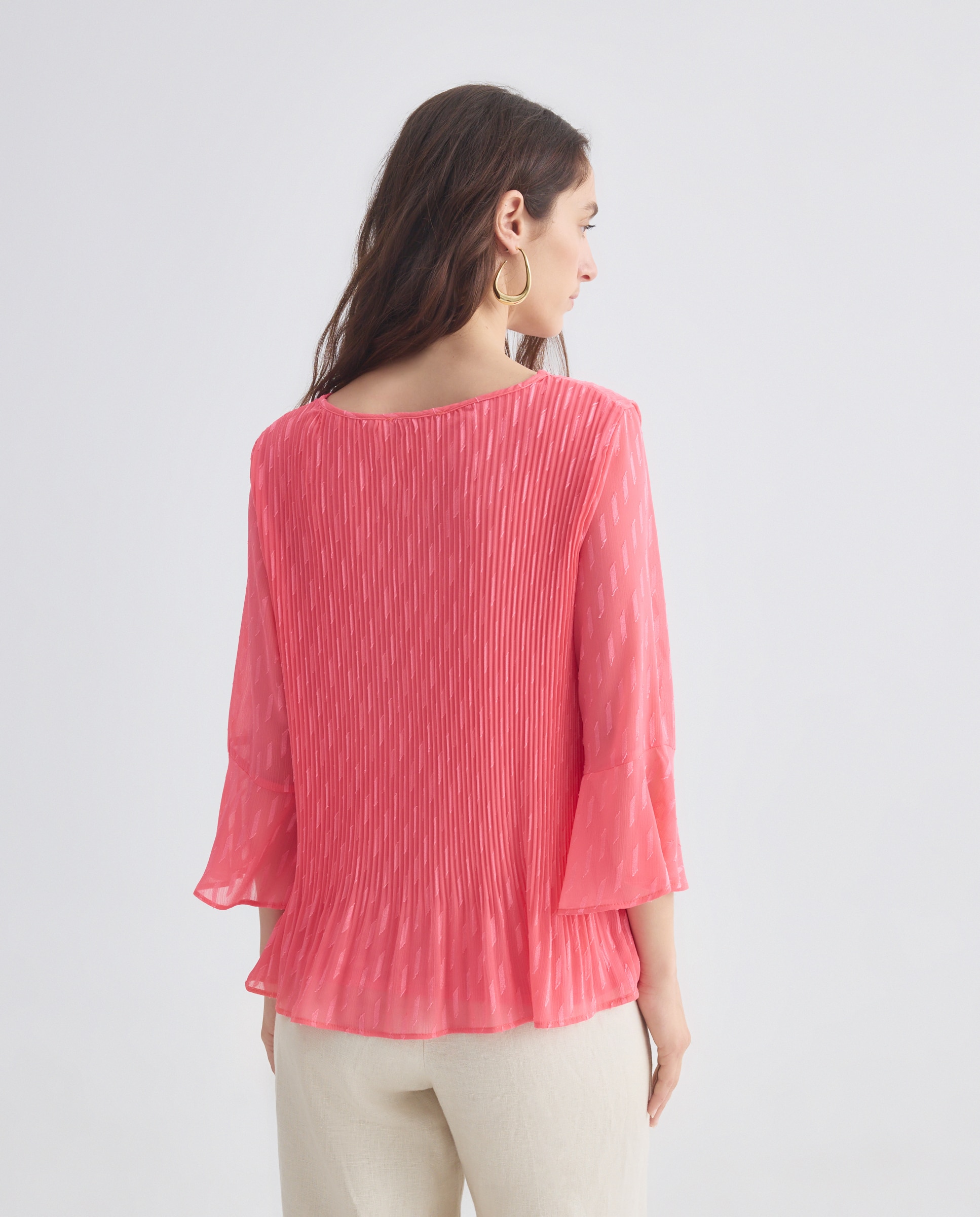 Blusa Lisa Plissada com Manga 3/4 Coral-3