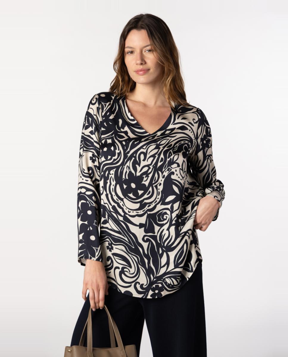 Blusón de mujer de twill con estampado de paisley. - Naulover - Azul marino Azul marino-1