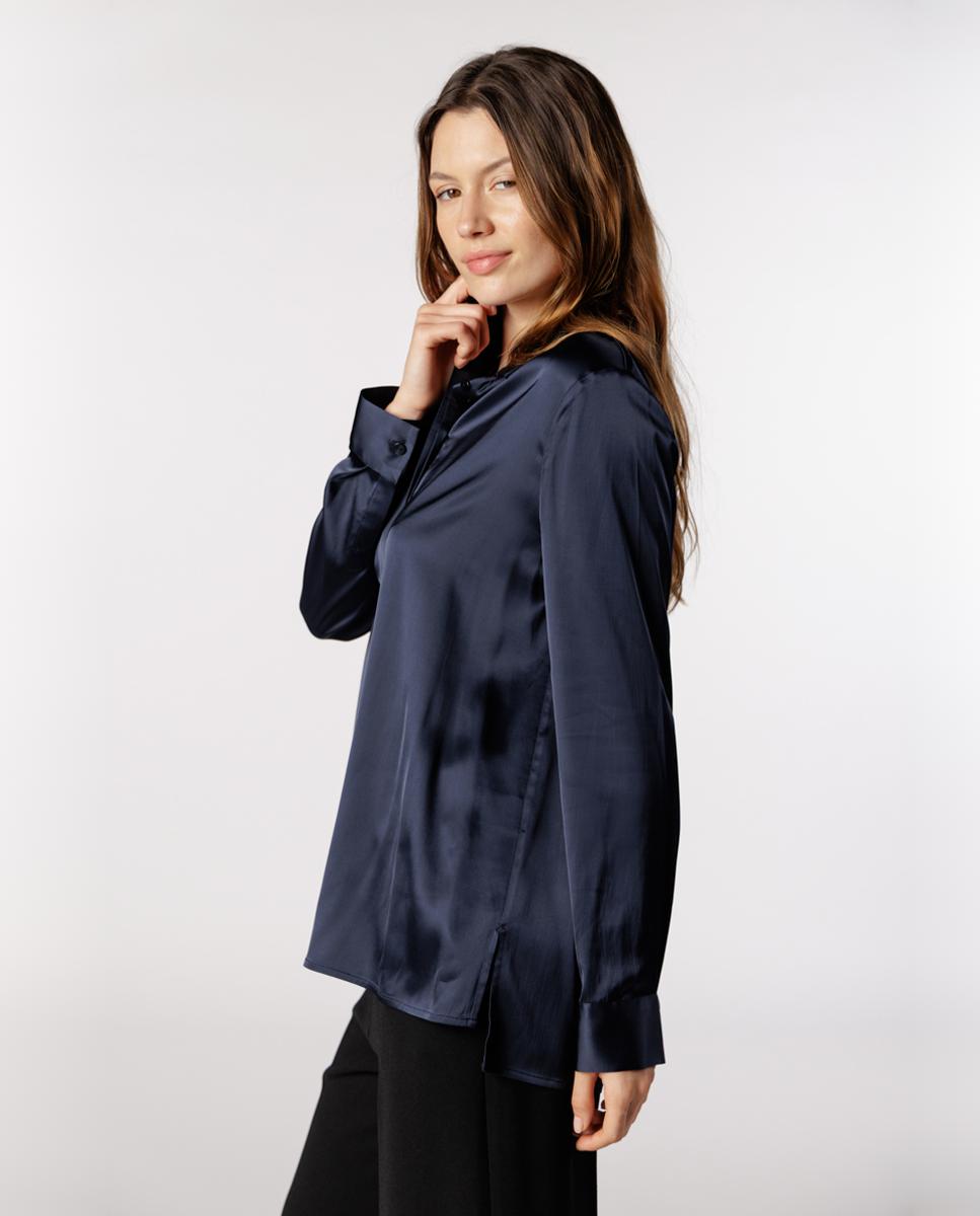 Camisa de Cetim Clássica para Mulher Azul-marinho-4