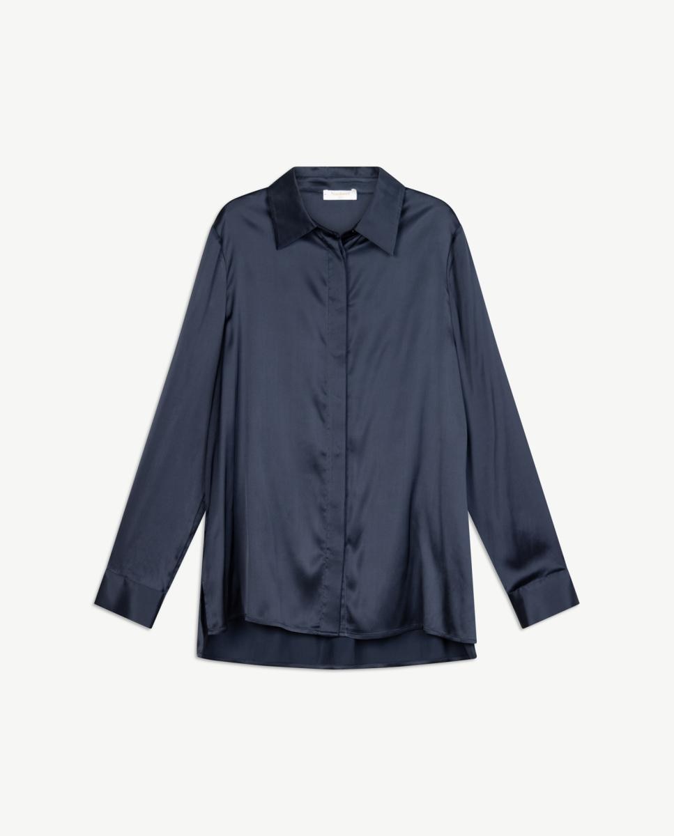 Camisa de Cetim Clássica para Mulher Azul-marinho-6
