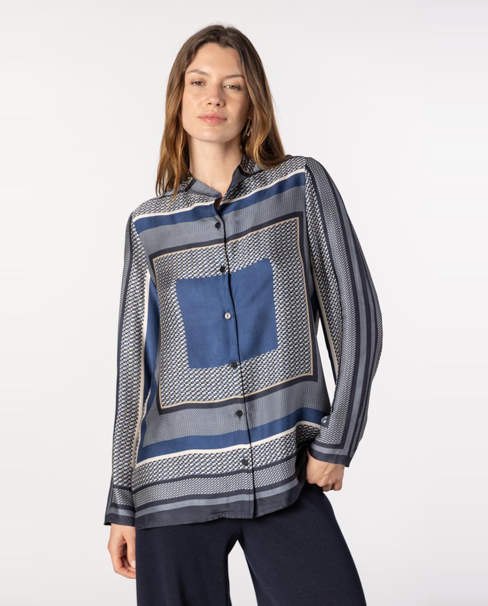 Imagen 1 de Camisa de mujer con estampado geométrico y cuello mao - Naulover - Azul índigo Azul índigo