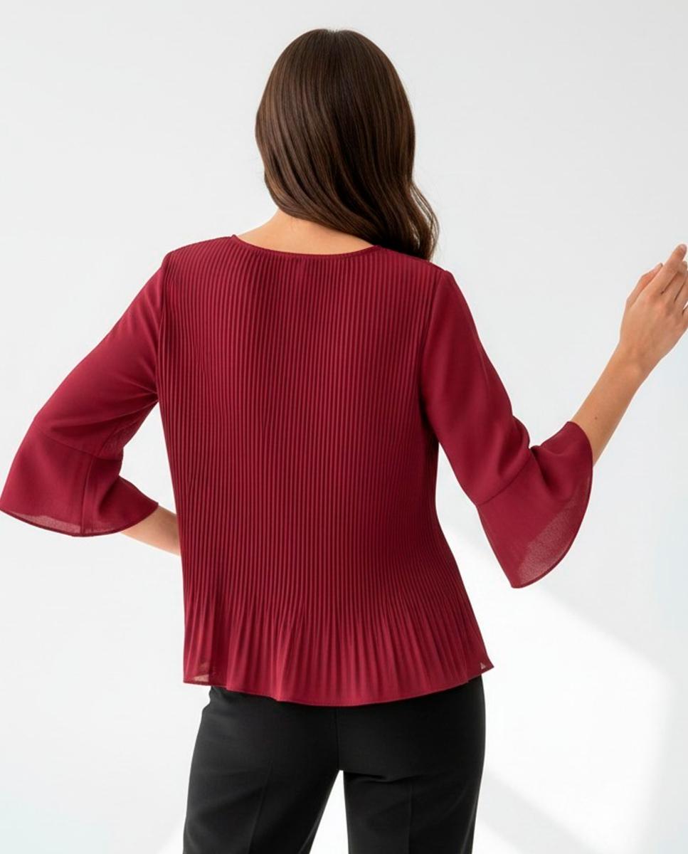 Blusa Lisa Plissada com Manga Comprida Grená-2
