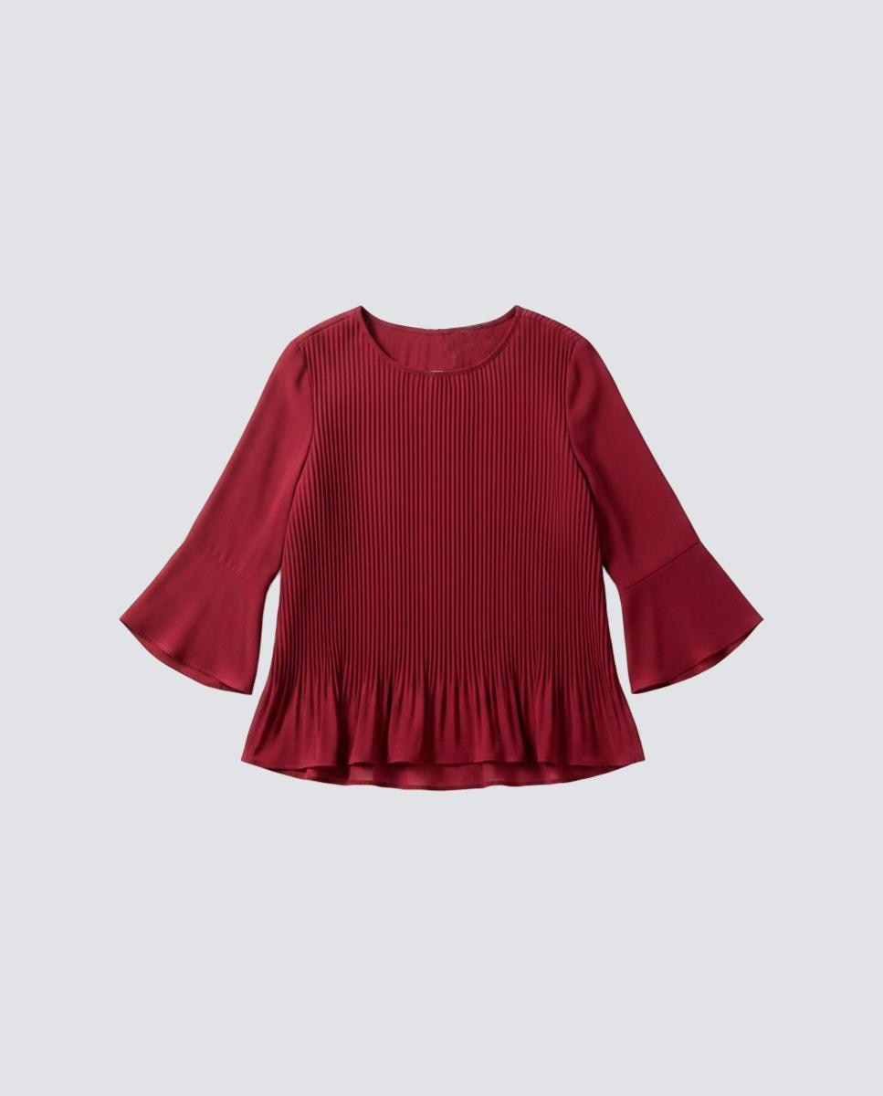 Blusa Lisa Plissada com Manga Comprida Grená-3