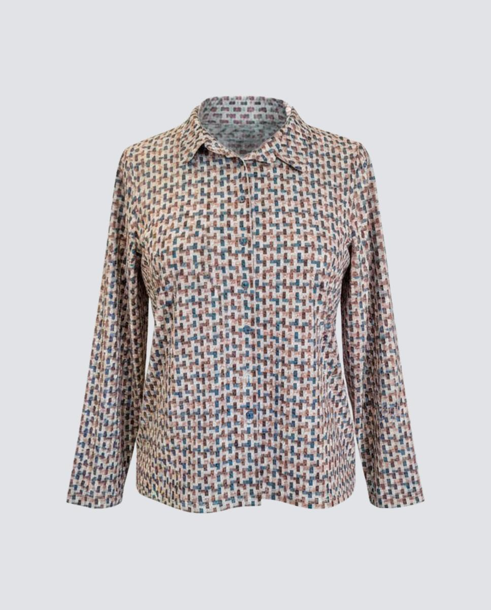 Camisa estampada de mulher com manga comprida Azul-3