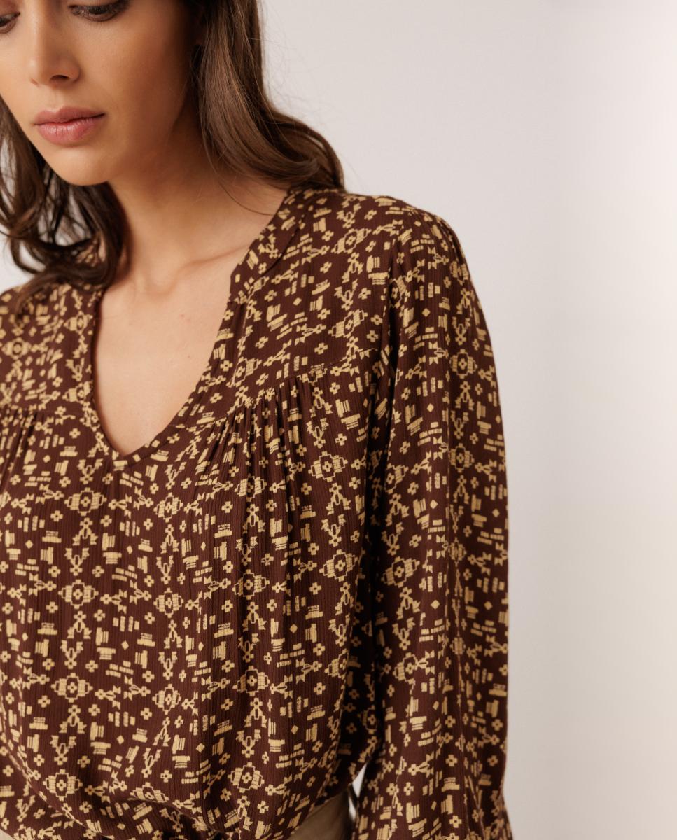 Blusa de mujer estampado manga abullonada - Indi & Cold - Marrón oscuro Marrón oscuro-2