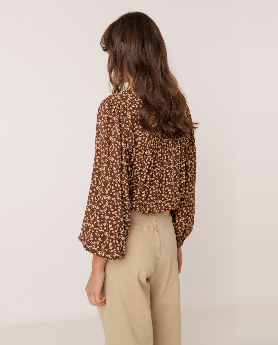 Blusa de mujer estampado manga abullonada - Indi & Cold - Marrón oscuro Marrón oscuro-3