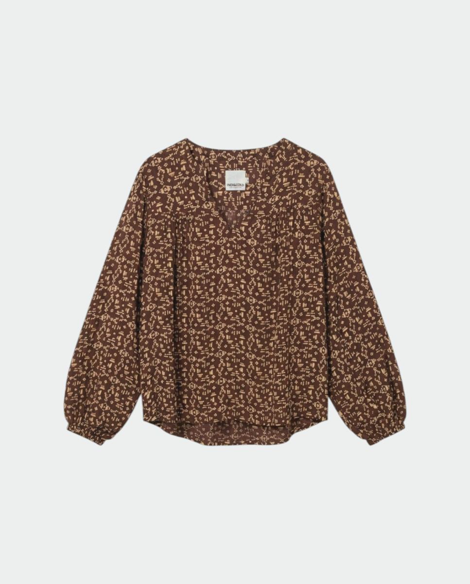 Blusa de mujer estampado manga abullonada - Indi & Cold - Marrón oscuro Marrón oscuro-4