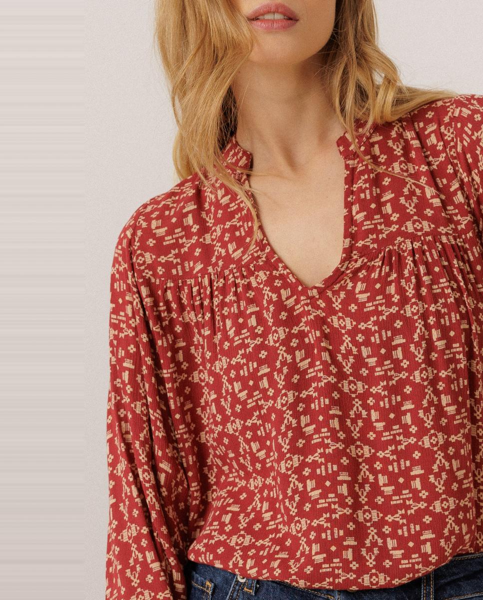 Blusa de mujer estampado manga abullonada - Indi & Cold - Rojo Rojo-1