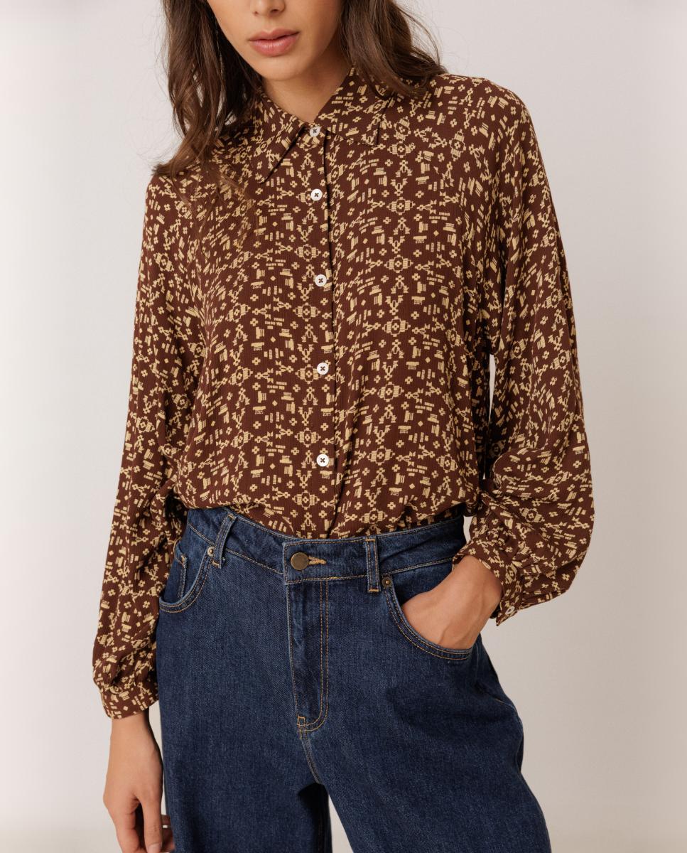 Camisa de mujer larga cuello camisero - Indi & Cold - Marrón oscuro Marrón oscuro-1
