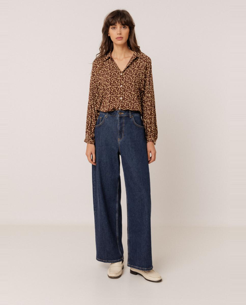 Camisa de mujer larga cuello camisero - Indi & Cold - Marrón oscuro Marrón oscuro-2
