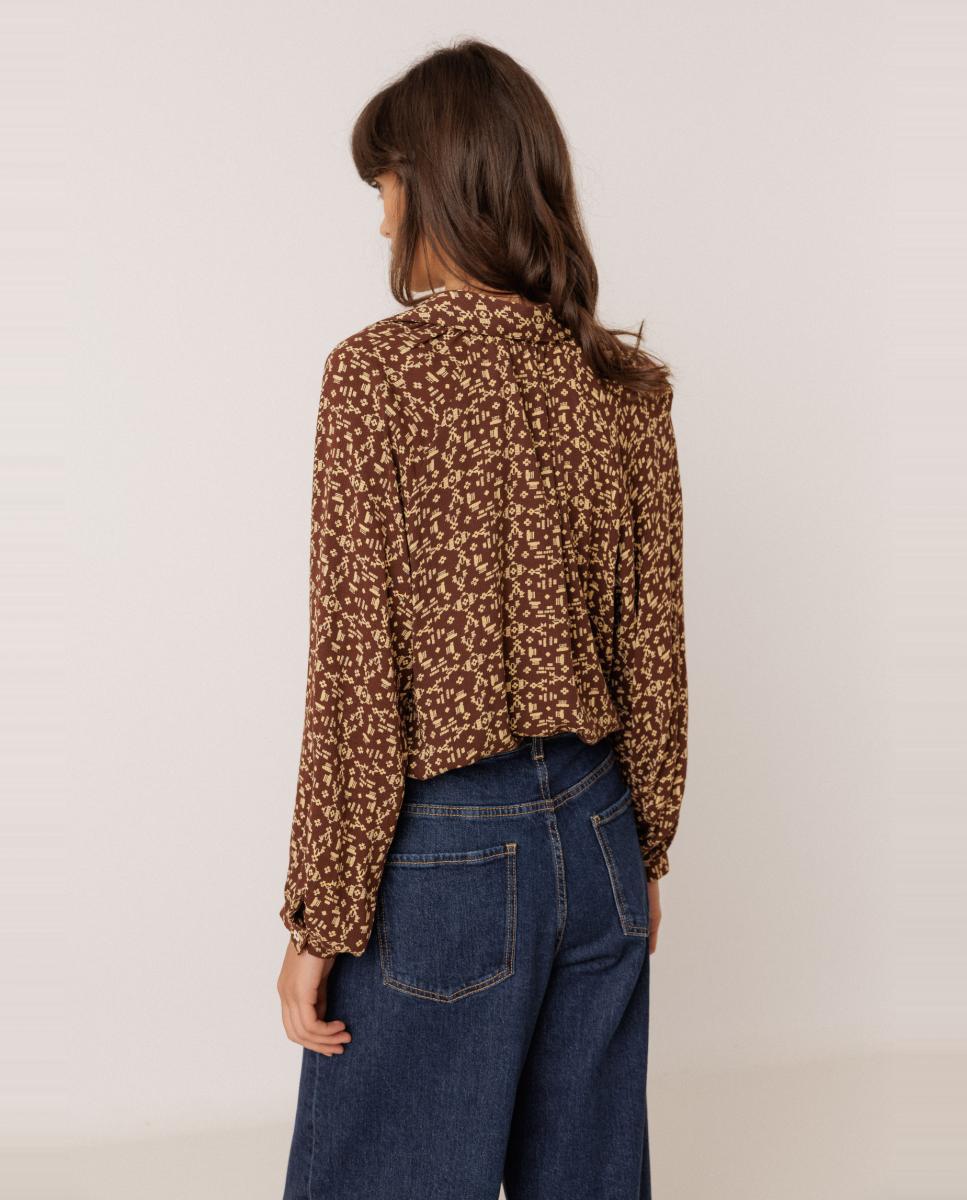 Camisa de mujer larga cuello camisero - Indi & Cold - Marrón oscuro Marrón oscuro-3