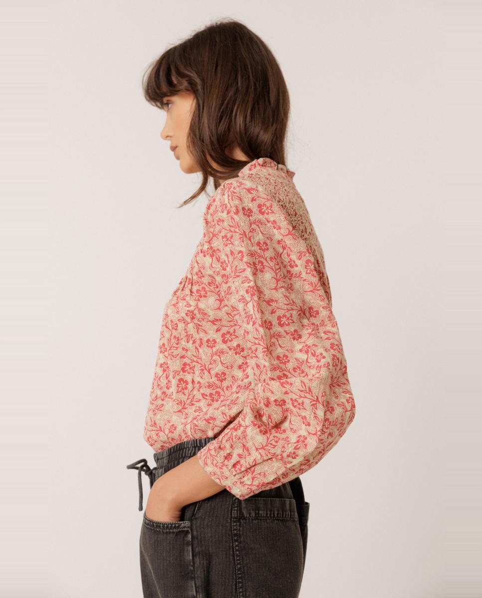 Camisa de mujer cuello caja y manga abullonada - Indi & Cold - Rojo Rojo-2