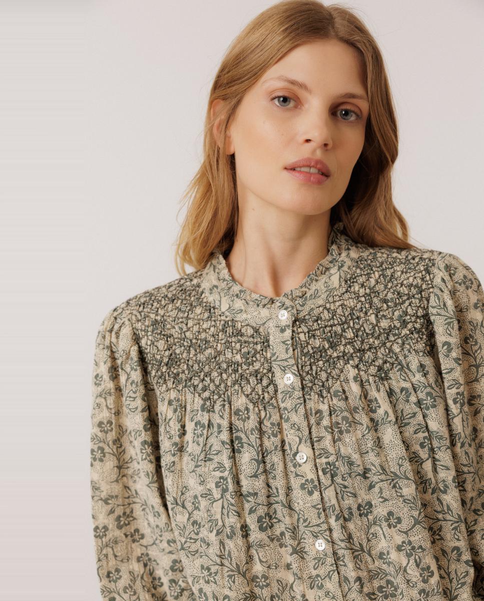 Camisa de mujer cuello caja y manga abullonada - Indi & Cold - Verde oscuro Verde oscuro-1