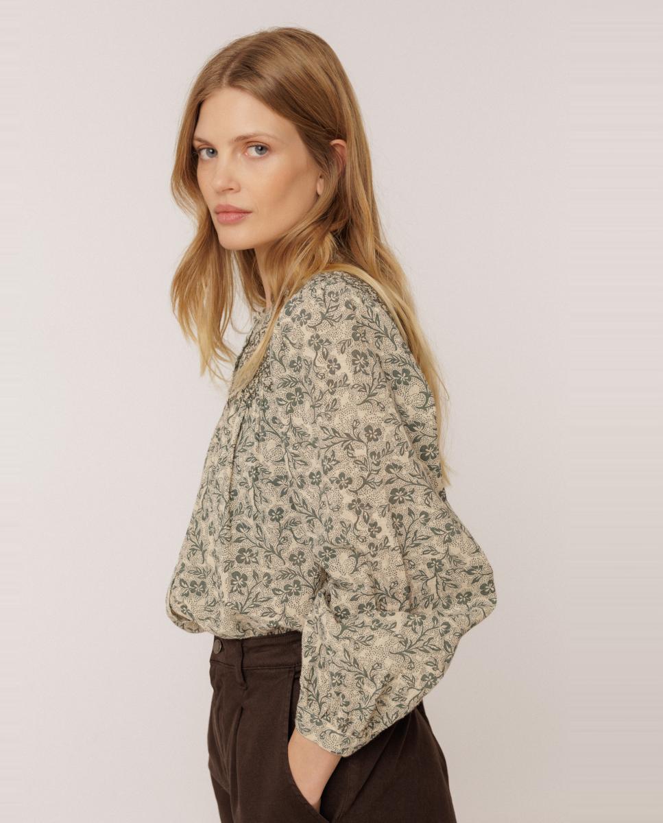 Camisa de mujer cuello caja y manga abullonada - Indi & Cold - Verde oscuro Verde oscuro-2