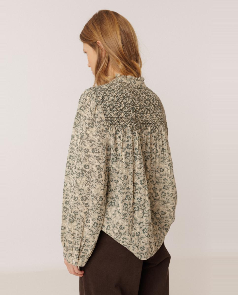 Camisa de mujer cuello caja y manga abullonada - Indi & Cold - Verde oscuro Verde oscuro-3