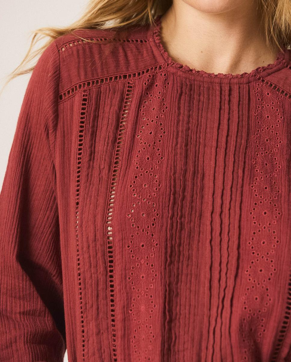 Camisa de mujer cuello caja manga larga abullonada - Indi & Cold - Blanco Rojo-1