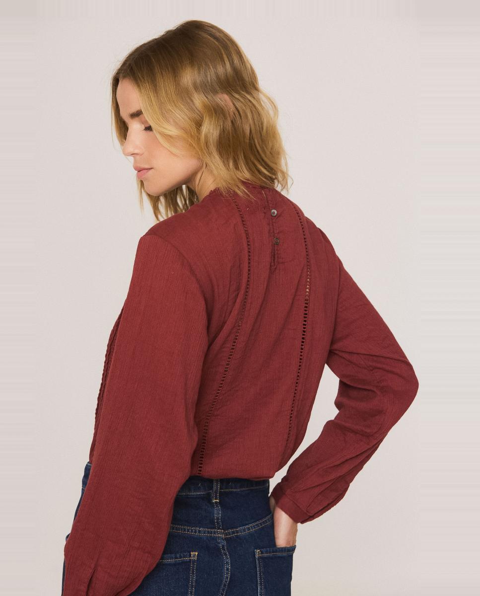 Camisa de mujer cuello caja manga larga abullonada - Indi & Cold - Blanco Rojo-2