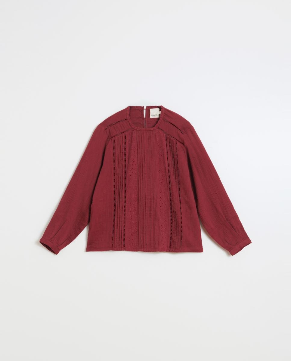 Camisa de mujer cuello caja manga larga abullonada - Indi & Cold - Blanco Rojo-3