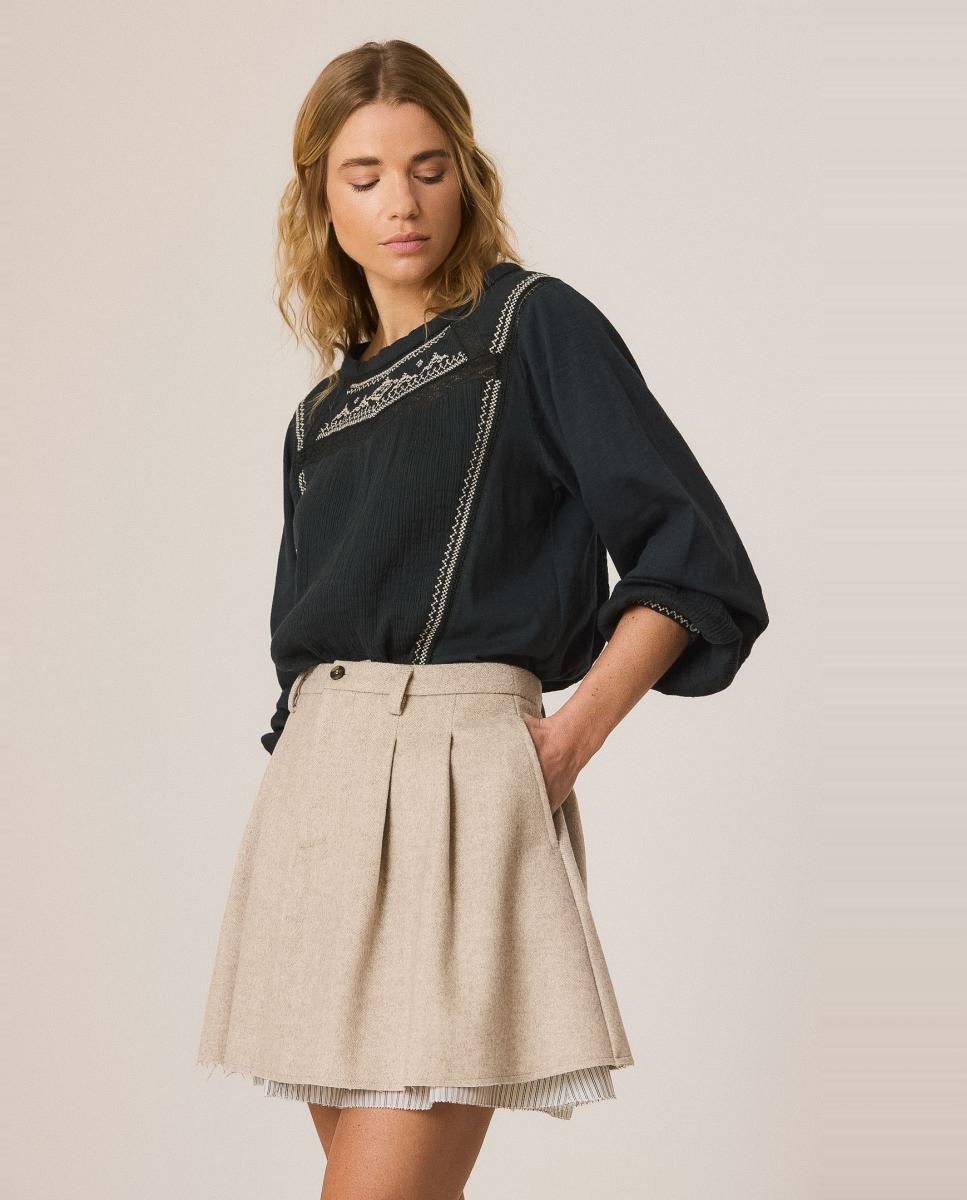 Blusa de mujer combinada cuello caja - Indi & Cold - Gris oscuro Gris oscuro-1